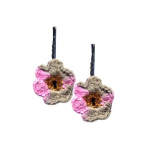 Handmade Crochet Flower Hair Clip – Grey & Pink