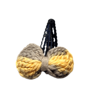 Handmade Crochet Bow Hair Tik Tac Clip – Grey & Yellow